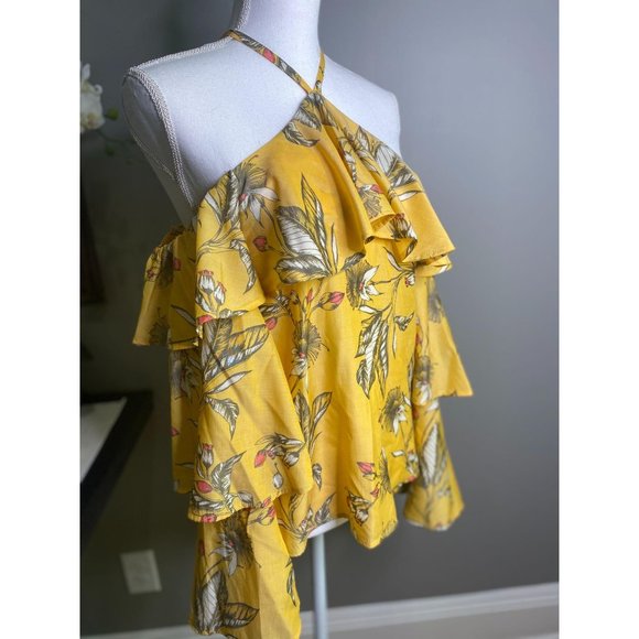 Express Yellow Floral Ruffle Cold Shoulder Top XS - Picture 4 of 8